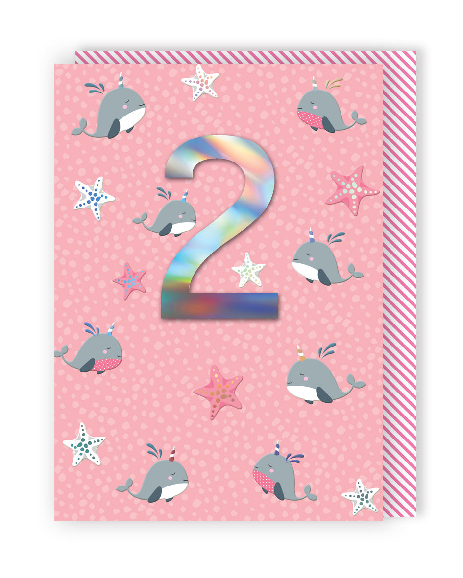 Girls 2nd Birthday Narwhals & Starfish Embellished Greeting Card