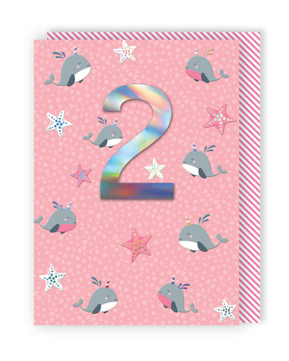 Girls 2nd Birthday Narwhals & Starfish Embellished Greeting Card