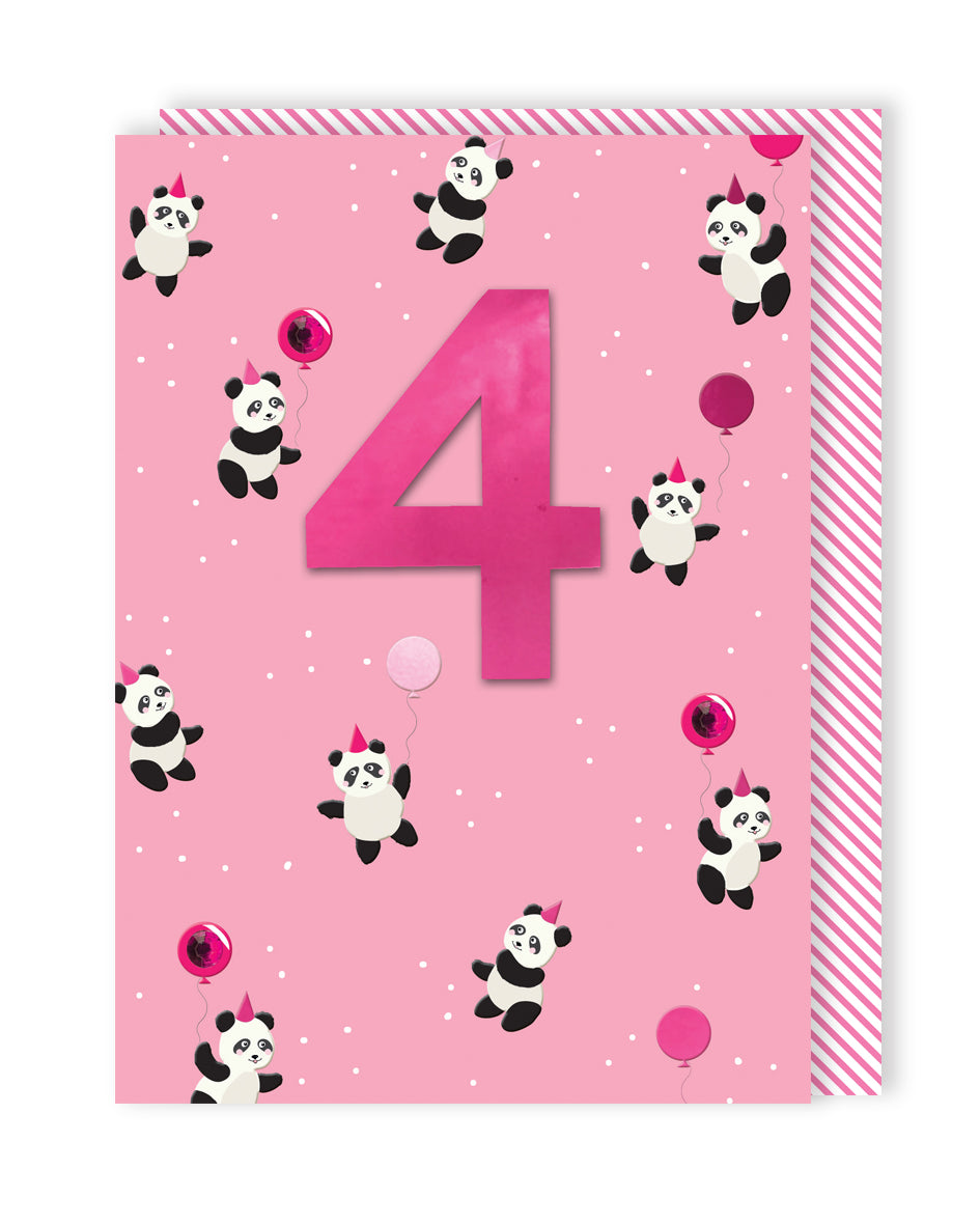 Girls 4th Birthday Party Pandas Embellished Greeting Card