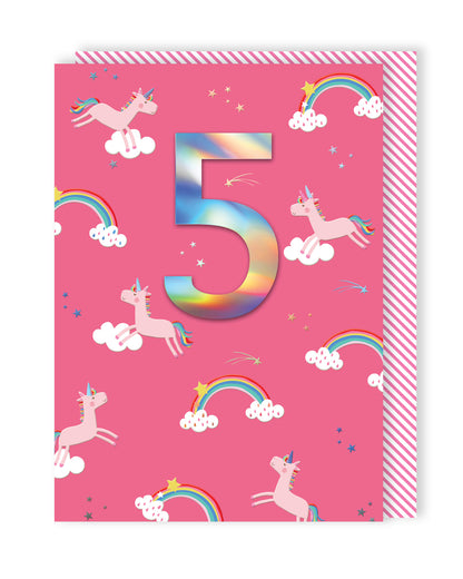 Girls 5 Birthday Rainbows & Unicorns Embellished Greeting Card