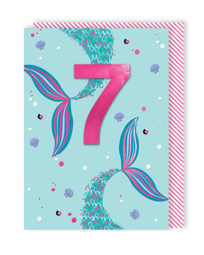 Girls 7th Birthday Mermaid Embellished Birthday Greeting Card