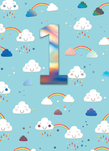 Boys 1st Birthday Rainbow & Clouds Embellished Greeting Card