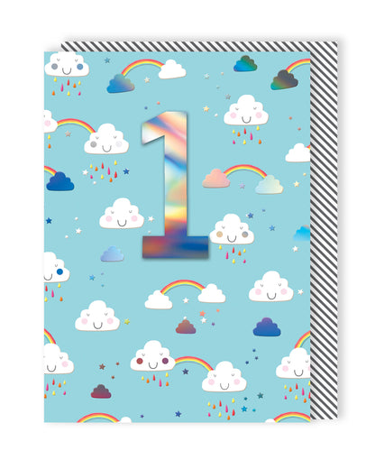Boys 1st Birthday Rainbow & Clouds Embellished Greeting Card