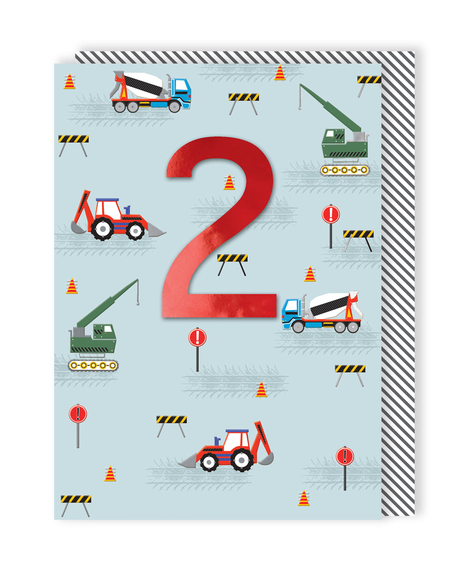 Boys 2nd Birthday Diggers & Cranes Embellished Greeting Card