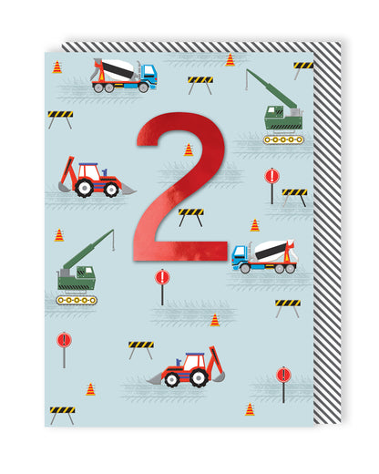 Boys 2nd Birthday Diggers & Cranes Embellished Greeting Card