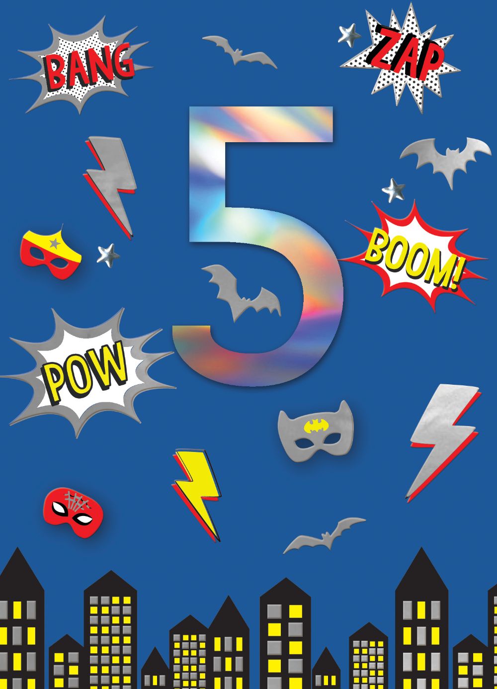 Boys 5th Birthday Superhero Comic Embellished Greeting Card
