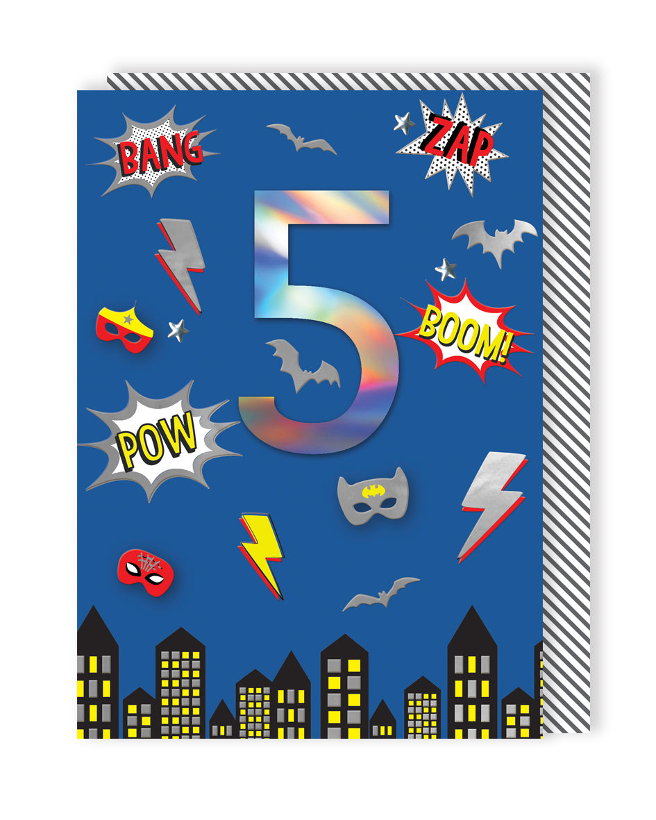 Boys 5th Birthday Superhero Comic Embellished Greeting Card