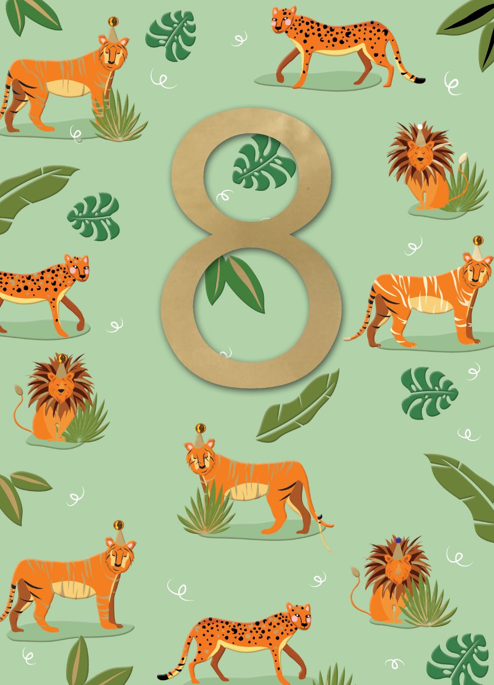 Boys 8th Birthday Jungle Party Cats Embellished Greeting Card