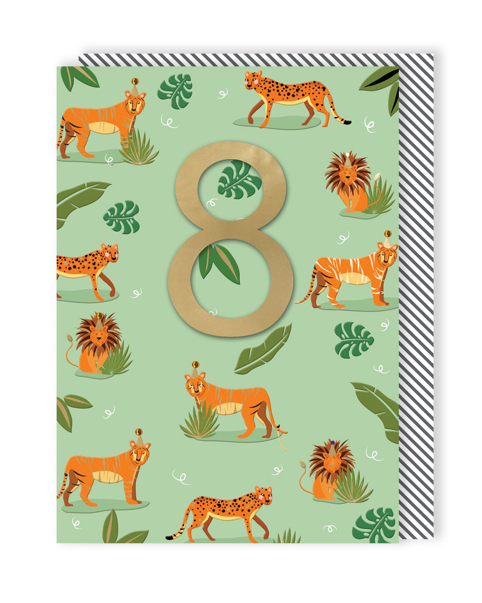 Boys 8th Birthday Jungle Party Cats Embellished Greeting Card