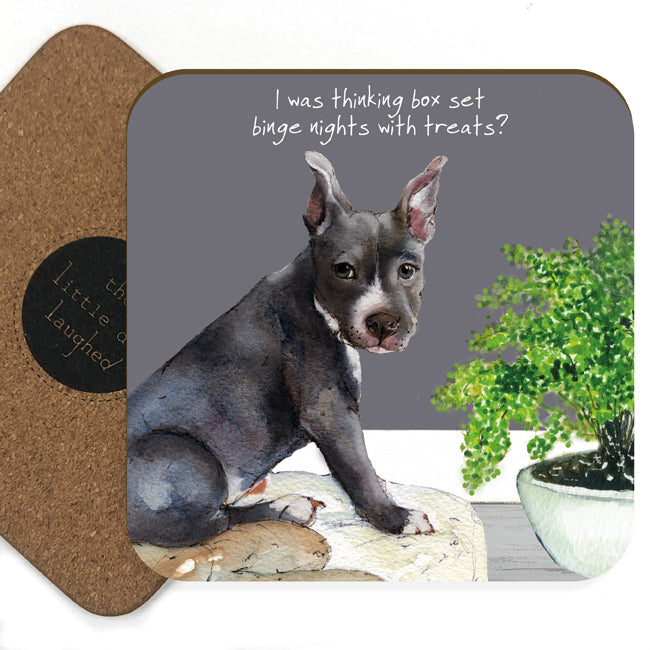 I Was Thinking Box Set With Treats Blue Staffy Little Dog Laughed Coaster