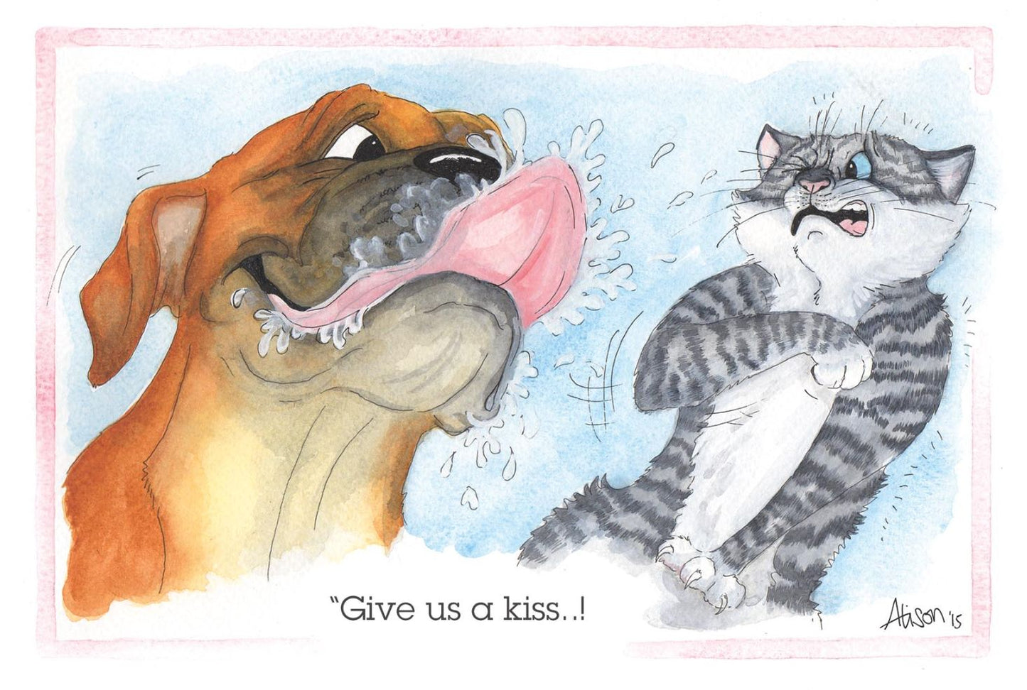 Give Us A Kiss Sloppy Boxer Kiss Alison's Animals Cartoon Greeting Card