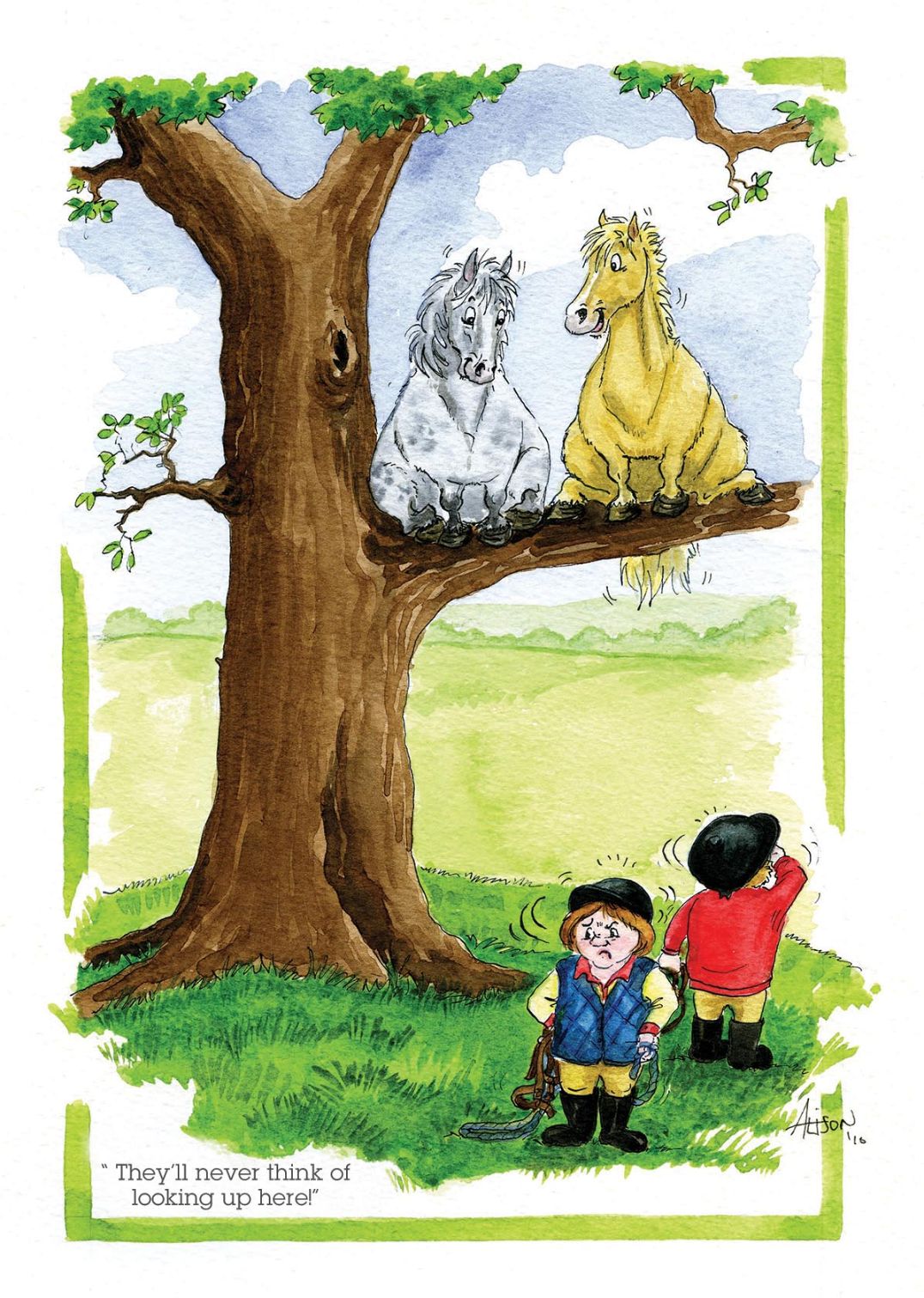 Ponies Hiding Up A Tree Alison's Animals Cartoon Greeting Card