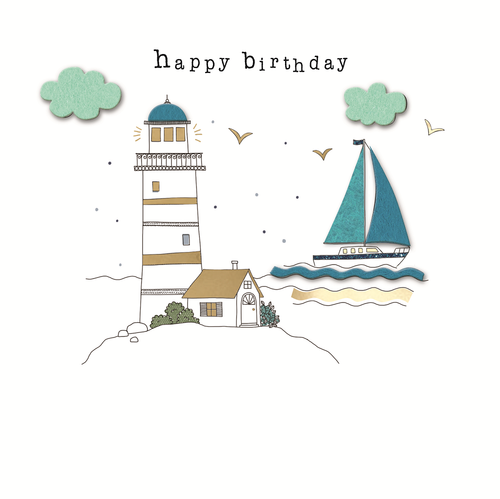 Hand-Finished Lighthouse & Yacht Felt Birthday Greeting Card