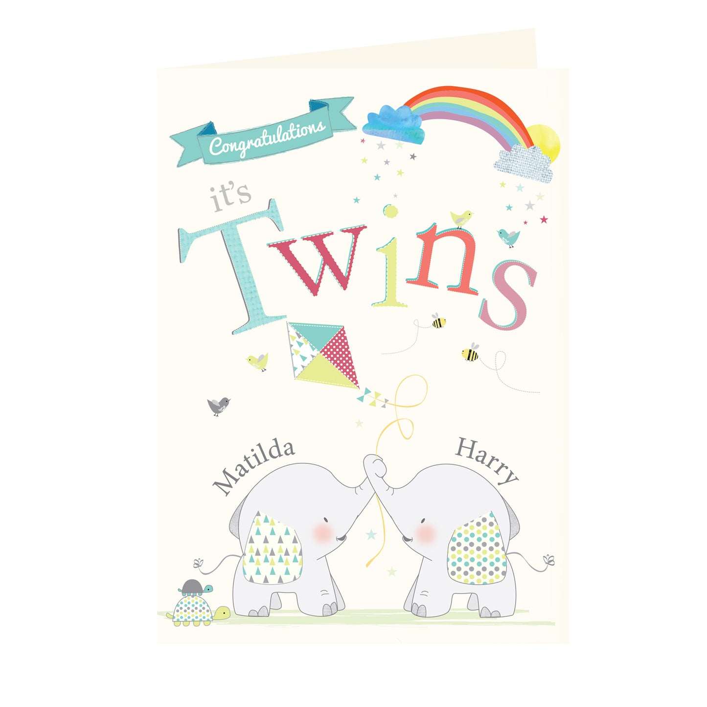 Personalised Hessian Elephant Twins Card Add Any Name - Personalise It!