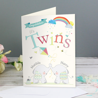 Personalised Hessian Elephant Twins Card Add Any Name - Personalise It!