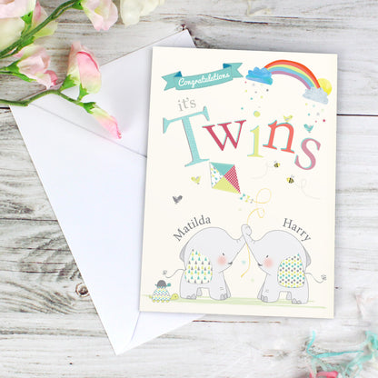 Personalised Hessian Elephant Twins Card Add Any Name - Personalise It!