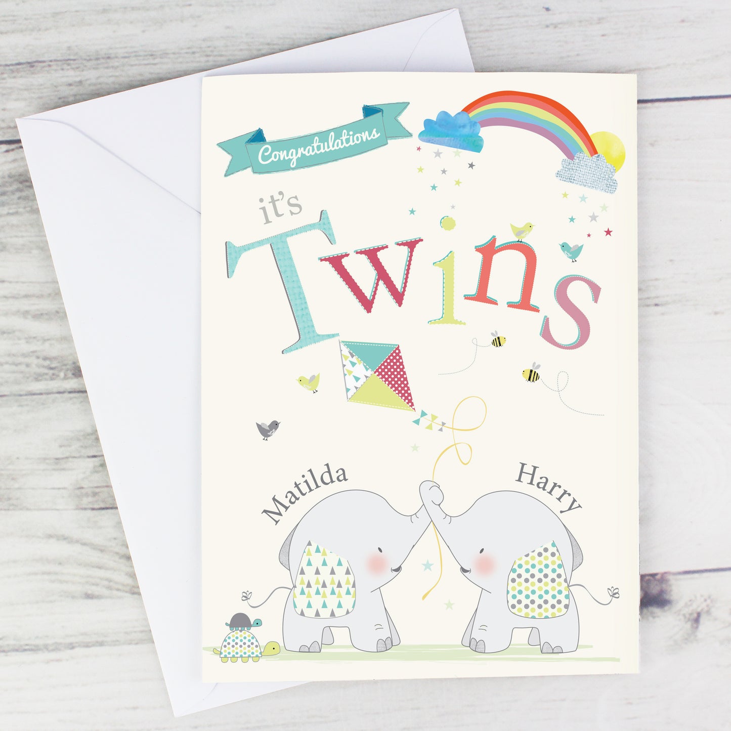 Personalised Hessian Elephant Twins Card Add Any Name - Personalise It!