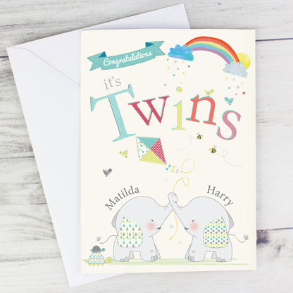 Personalised Hessian Elephant Twins Card Add Any Name - Personalise It!