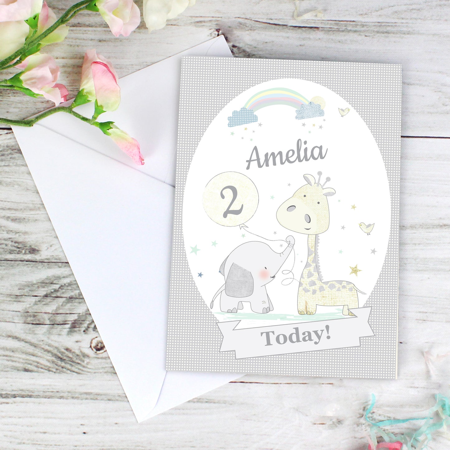 Personalised Hessian Giraffe & Elephant Card Add Any Name - Personalise It!