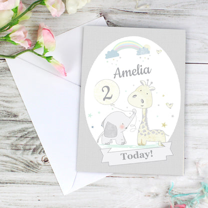 Personalised Hessian Giraffe & Elephant Card Add Any Name - Personalise It!
