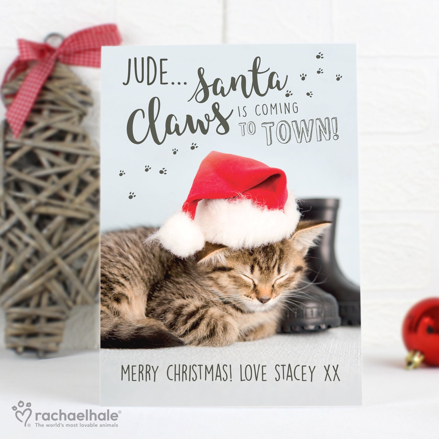 Personalised Rachael Hale Santa Claws Christmas Cat Card Add Any Name - Personalise It!