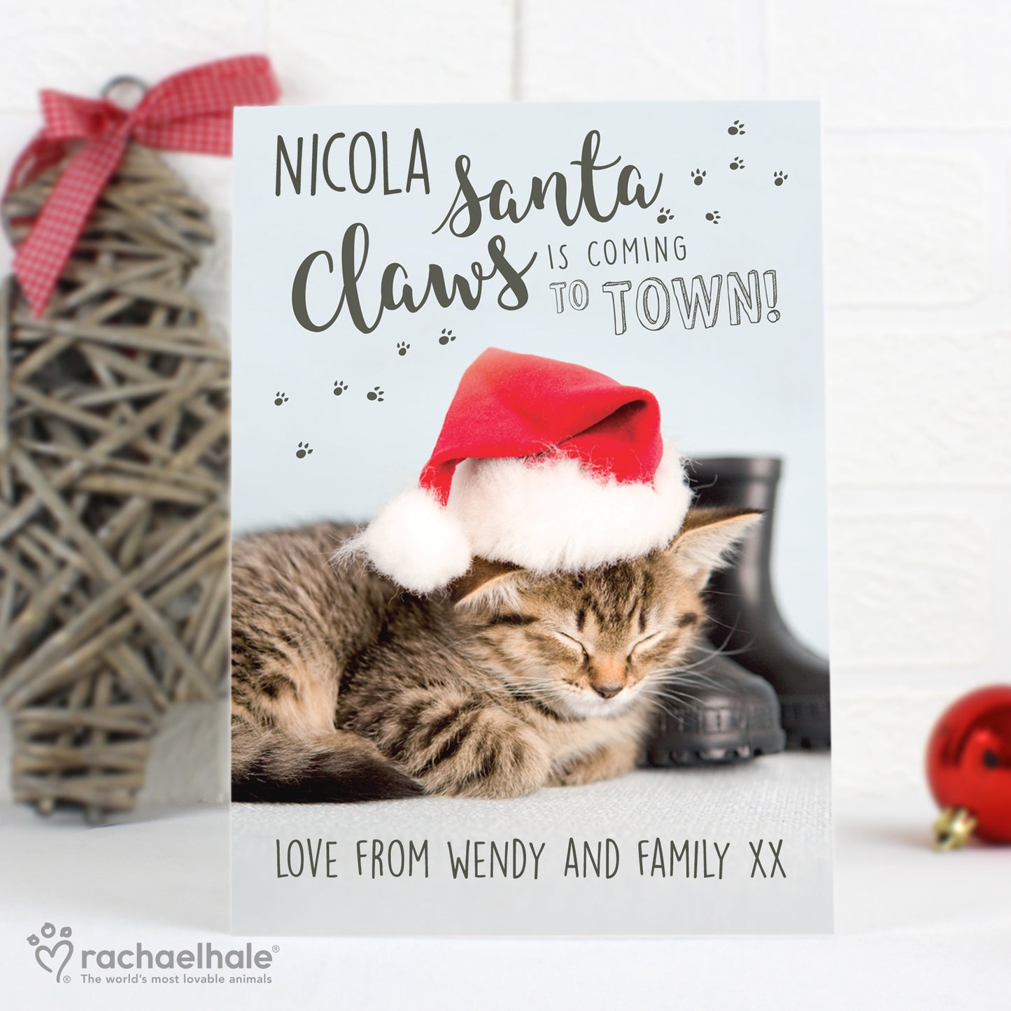 Personalised Rachael Hale Santa Claws Christmas Cat Card Add Any Name - Personalise It!