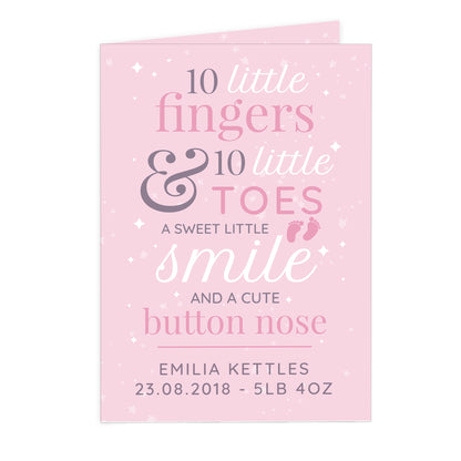 Personalised '10 Little Fingers' Pink Baby Card Add Any Name - Personalise It!