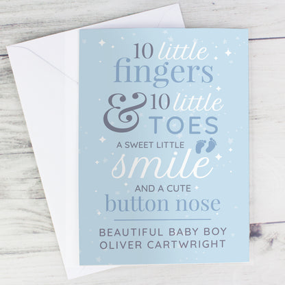 Personalised '10 Little Fingers' Blue Baby Card Add Any Name - Personalise It!