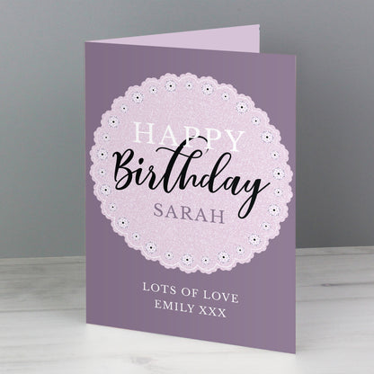 Personalised Lilac Lace Birthday Card Add Any Name - Personalise It!