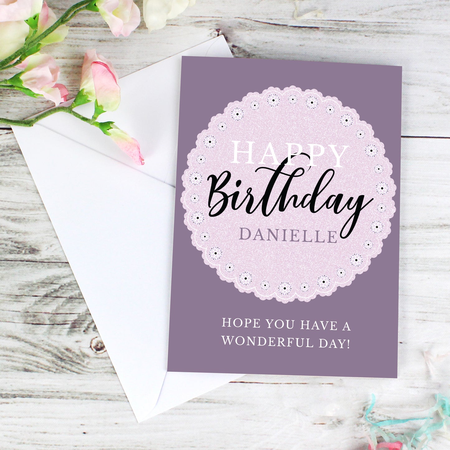 Personalised Lilac Lace Birthday Card Add Any Name - Personalise It!