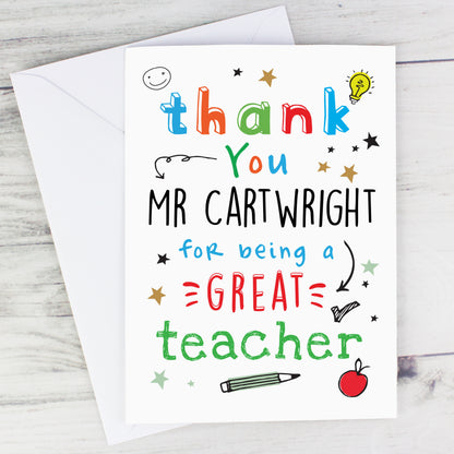 Personalised Thank You Teacher Card Add Any Name - Personalise It!