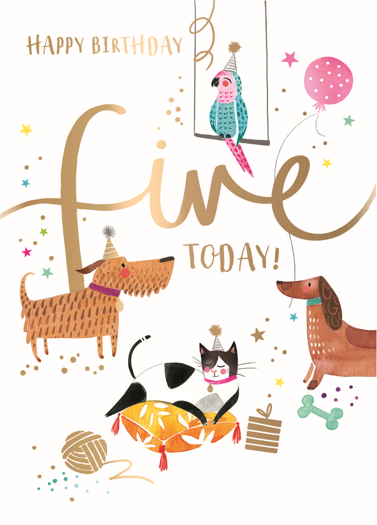Party Time Cat & Dog 5th Birthday Greeting Card