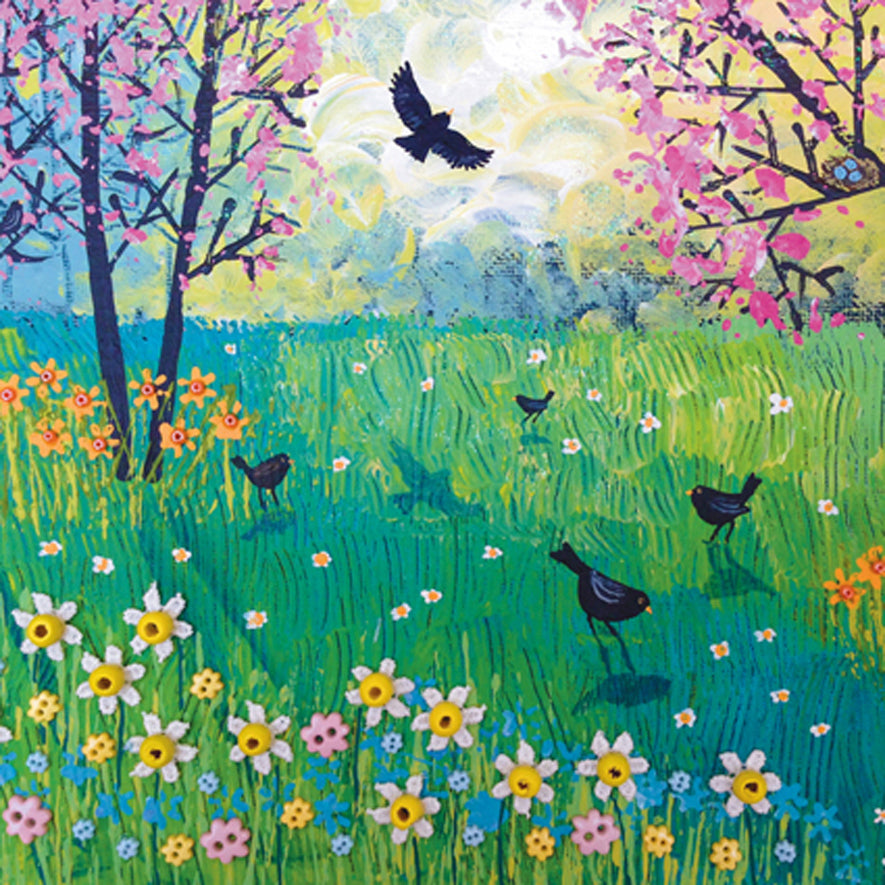 Blackbirds and Blossom Square Blank Greeting Card by Artist Jo Grundy