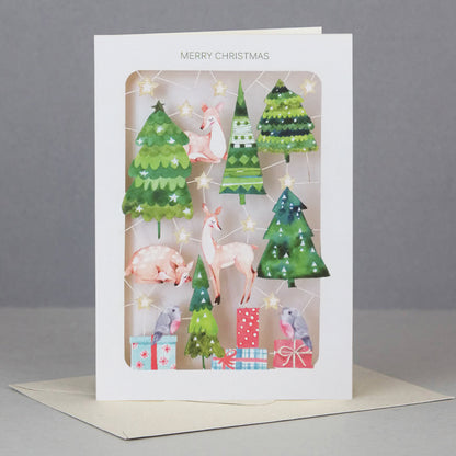 Paper Cut Festive Deer & Xmas Trees Christmas Greeting Card