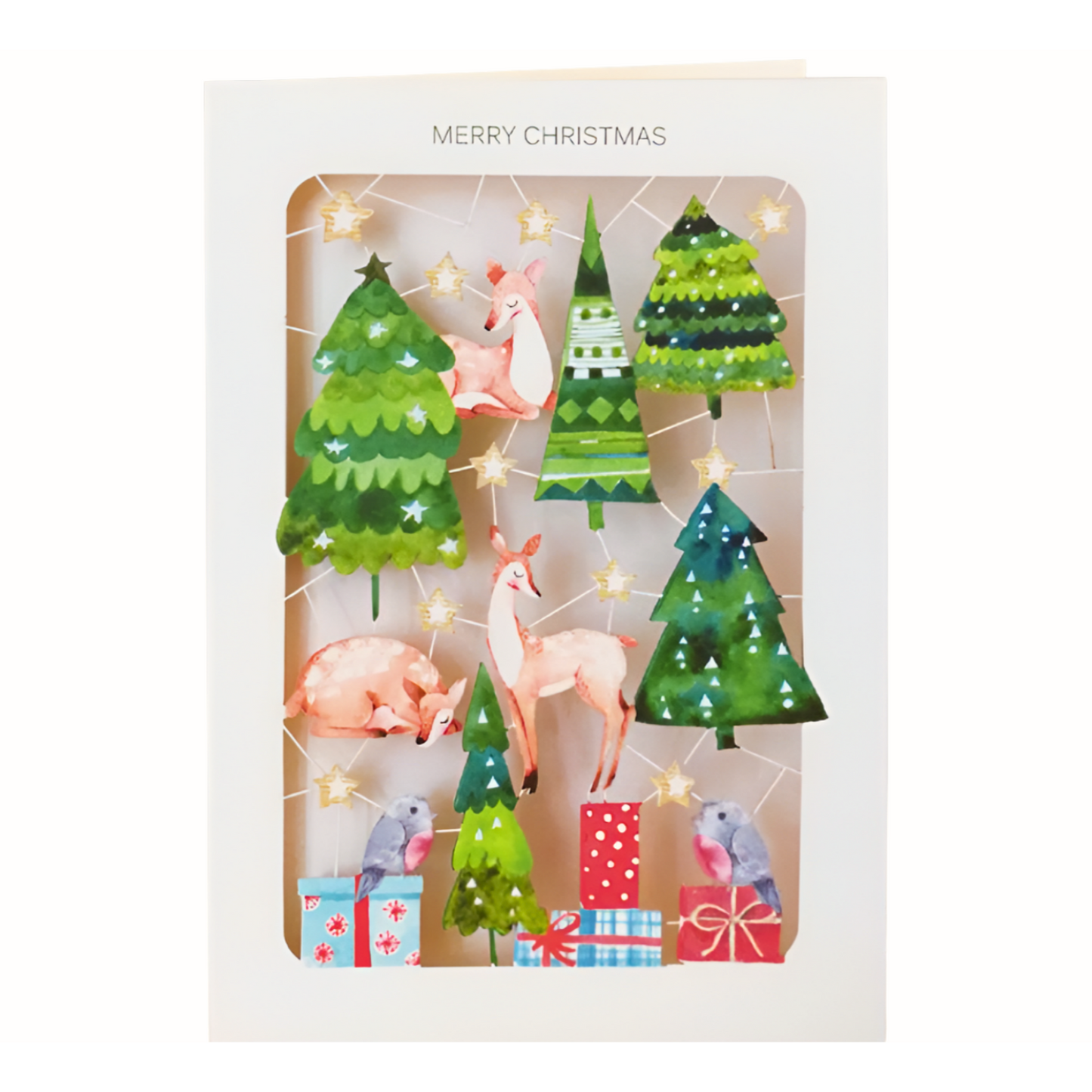 Paper Cut Festive Deer & Xmas Trees Christmas Greeting Card