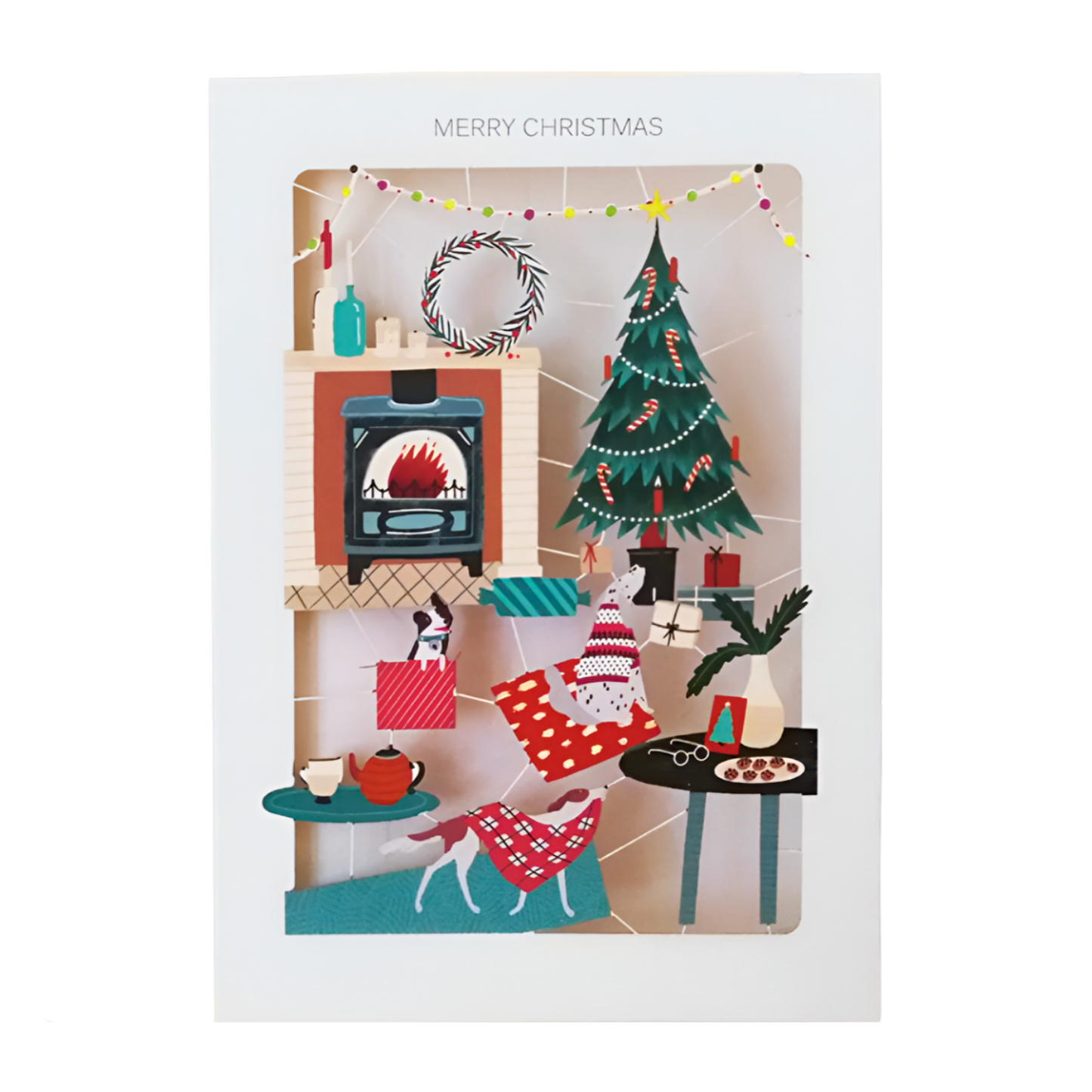 Paper Cut Fireside With The Dogs Christmas Greeting Card