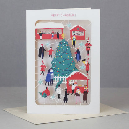 Paper Cut Festive Village Xmas Market Christmas Greeting Card
