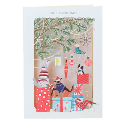 Paper Cut Dogs Under The Xmas Tree Christmas Greeting Card