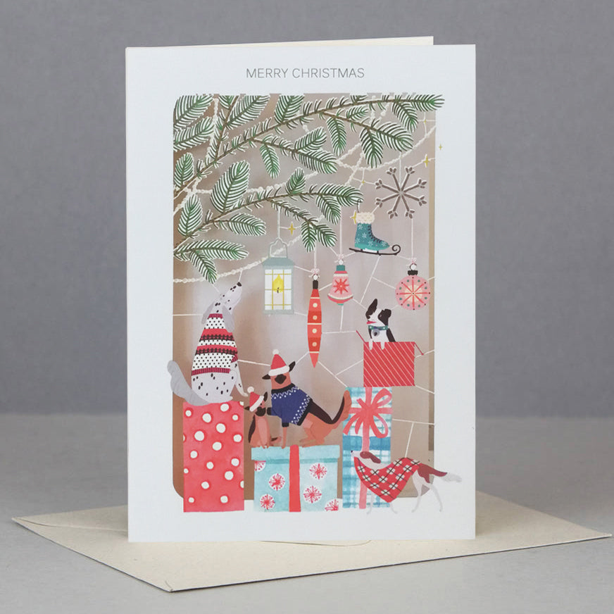 Paper Cut Dogs Under The Xmas Tree Christmas Greeting Card