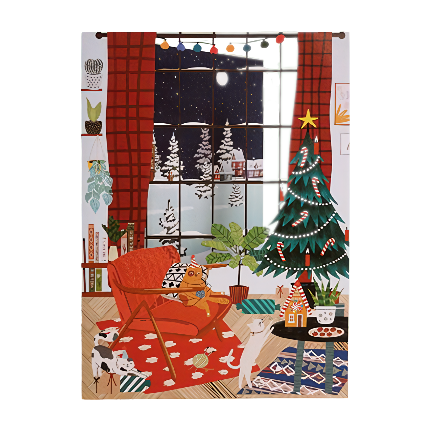 Paper Cut Art Cats At Home With Xmas Tree Christmas Greeting Card