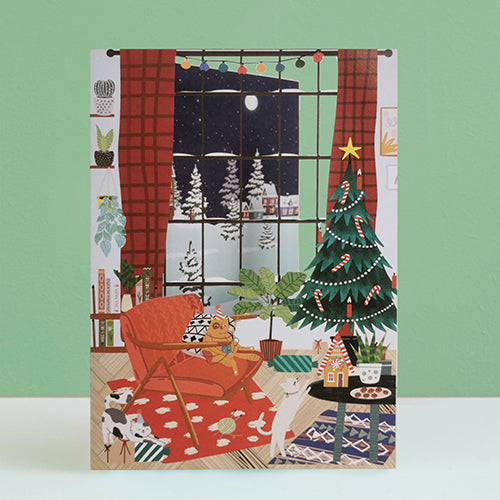 Paper Cut Art Cats At Home With Xmas Tree Christmas Greeting Card