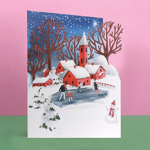 Paper Cut Art Family Ice Skating Christmas Greeting Card