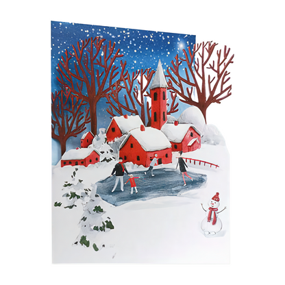 Paper Cut Art Family Ice Skating Christmas Greeting Card