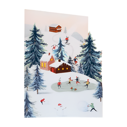 Paper Cut Art Skiing & Ice Skating Scene Christmas Greeting Card