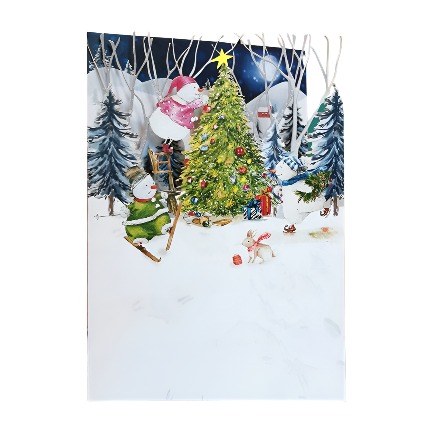 Paper Cut Art Snowmen Decorating Xmas Tree Christmas Greeting Card