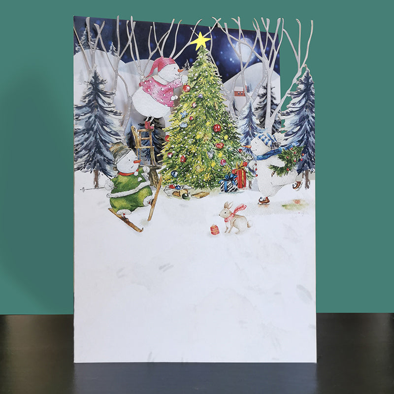 Paper Cut Art Snowmen Decorating Xmas Tree Christmas Greeting Card