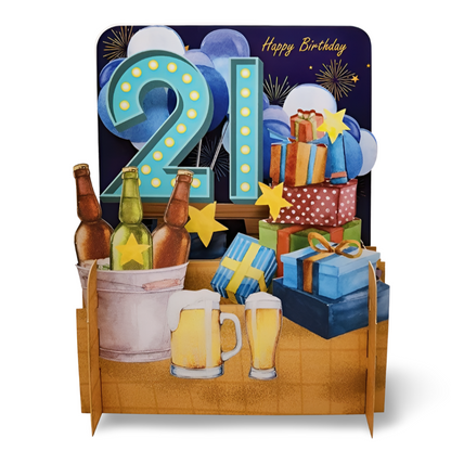 Happy 21st Birthday Beer & Presents 3D Pop Up Greeting Card