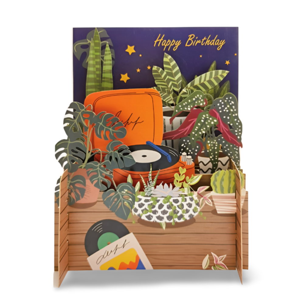 Happy Birthday Botanical Record Player 3D Pop Up Greeting Card