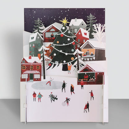 Festive Xmas Village Ice Skating 3D Pop Up Christmas Greeting Card