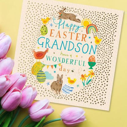 Happy Easter Grandson Eggscellent Bunnies Artistic Easter Greeting Card!